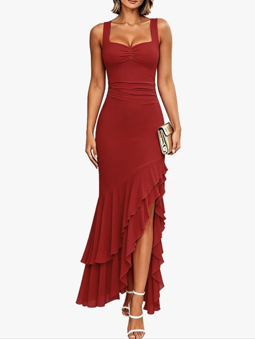 Red Ruffle Asymmetric Evening Dress